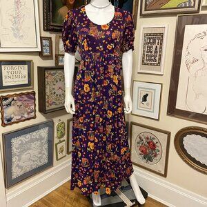 Vintage Womens Purple Floral Print Maxi Dress With Short Puff Sleeves & Bohemian